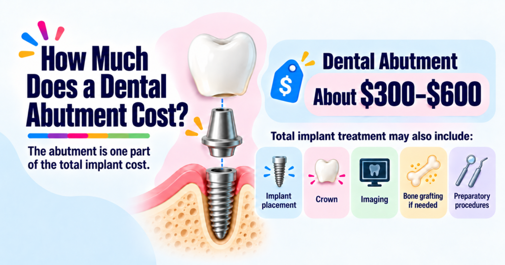 Dental abutment cost illustrated with a dental implant, abutment connector, and replacement crown showing the components of a tooth implant.