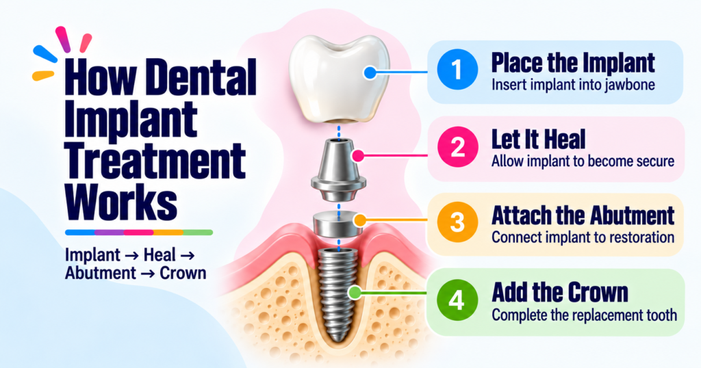 Dental abutment procedure showing an abutment connecting a dental implant to a replacement crown.