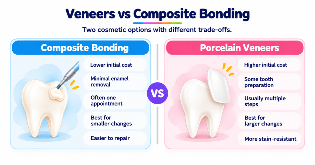 Bonding vs veneers pictures showing before-and-after results of dental bonding and porcelain veneers for improving tooth shape, color, and appearance.
