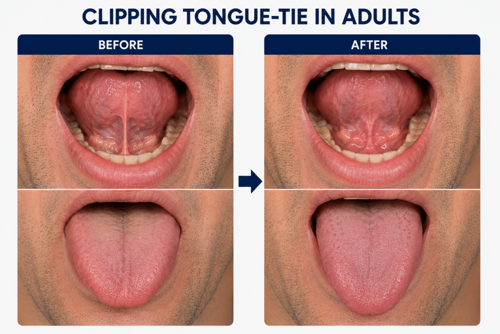 Before and after results of clipping tongue-tie in adults showing increased tongue mobility after treatment