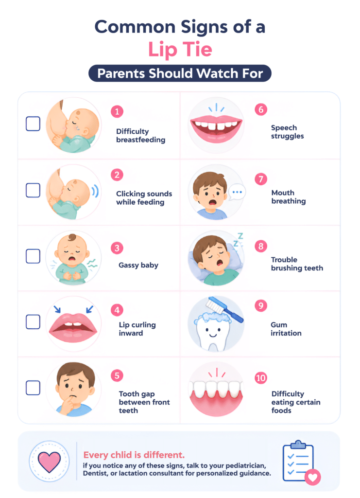 Infographic showing the most common signs and symptoms of a lip tie in children