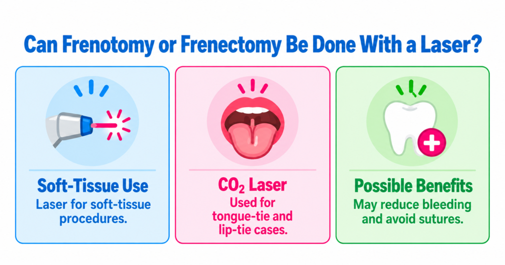 Laser frenotomy or frenectomy showing a dental professional using a laser to release restrictive oral frenulum tissue.